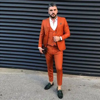 Мъжки костюми & Блейзъри Orange Slim Fit Mens Prom One Button Peaked Lapel Wedding For Men Tuxedos Three Pieces Jacket+Pants+Vest