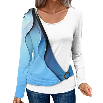Дамска тениска есен нов плюс размер кръг врата фалшив две части мода универсален дълъг ръкав пуловер мрамор текстура печат върховете