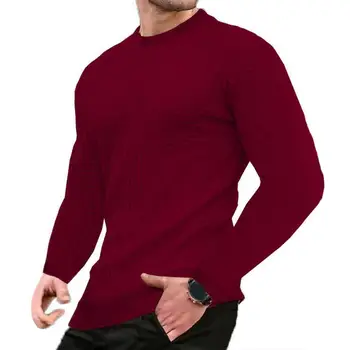 Мъже плътен цвят отгоре топли мъже отгоре меки дишащи мъжки вафли текстура пуловер тънък годни дълъг ръкав средата дължина тениска за есента