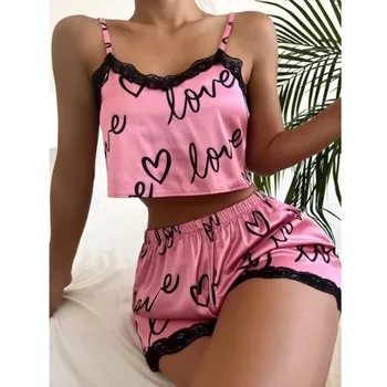 Комплект от две части Дамски пижама шорти костюм сладък печат пижама пролет лято Начало дрехи мода дантела отгоре снаждане прашка комплект