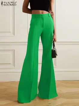 ZANZEA Улично облекло Панталони със средна талия Дамски разкроени панталони 2023 Есенна мода дълги панталони реколта плътен цвят пътуване панталони