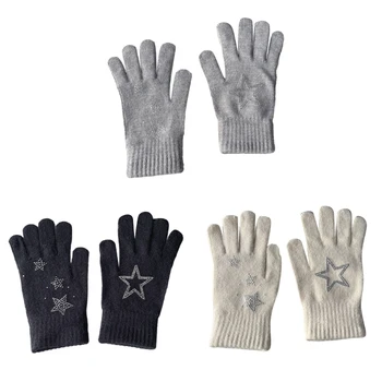 Y2K Възрастни Зимни топли ръкавици плетени ръкавици с пълен пръст със звезда Диаманте студено време изолирани открит дропшип
